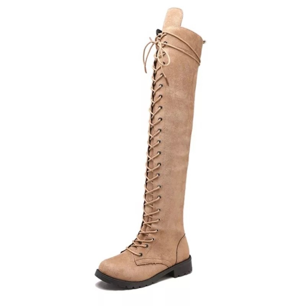 LAST 1️⃣Vegan Suede Tan Over Knee Lace Up Boot - Picture 4 of 6